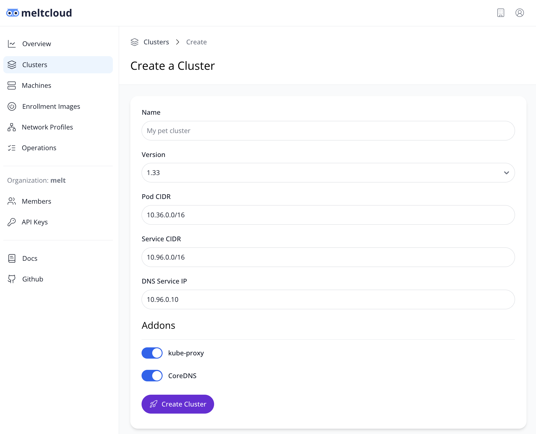 Create Cluster Form