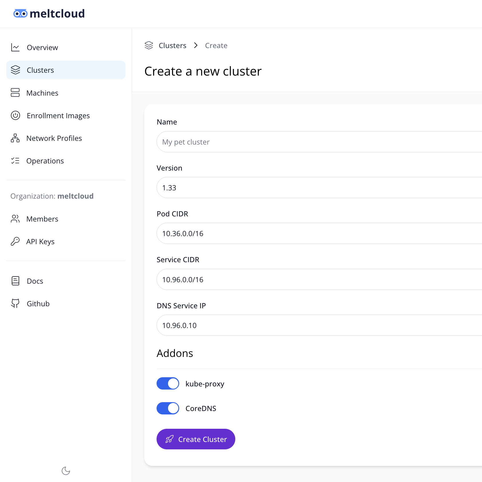 Create Cluster Form